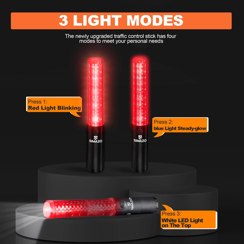 2 Pack 10 Inch Rechargeable Traffic Signal Wand, Traffic Control Baton with White LED on Top, Air Marshalling Wand with 3 Flashing Modes for Airport, Car Directing Red 2 Pack