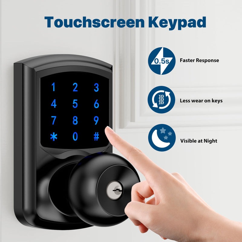 Hidalife Keyless Entry Door Lock with Code, Keypad Door Lock with Handle, Touchscreen Digital Lock with Keypad for Front Door, Auto-Lock, Matte Black