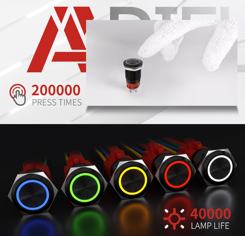 APIELE 16mm Momentary Black Push Button Switch On Off with 12V LED Angel Ring Head for 16mm 0.63" Mounting Hole with Wire Socket Plug Self-Reset (Blue/Black Shell) Black Shell-Blue
