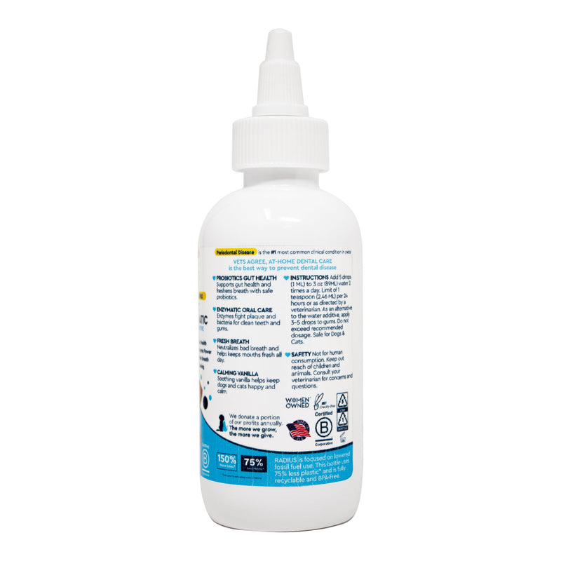 RADIUS OralPro+ Pet Probiotic Enzymatic Water Additive - Dog and Cat Dental Care Solution - Plaque & Tartar Defense Meal Supplement - Fresh Breath & Gut Health - Calming Vanilla, 4 Oz (Pack of1) Pack of 1 Clear