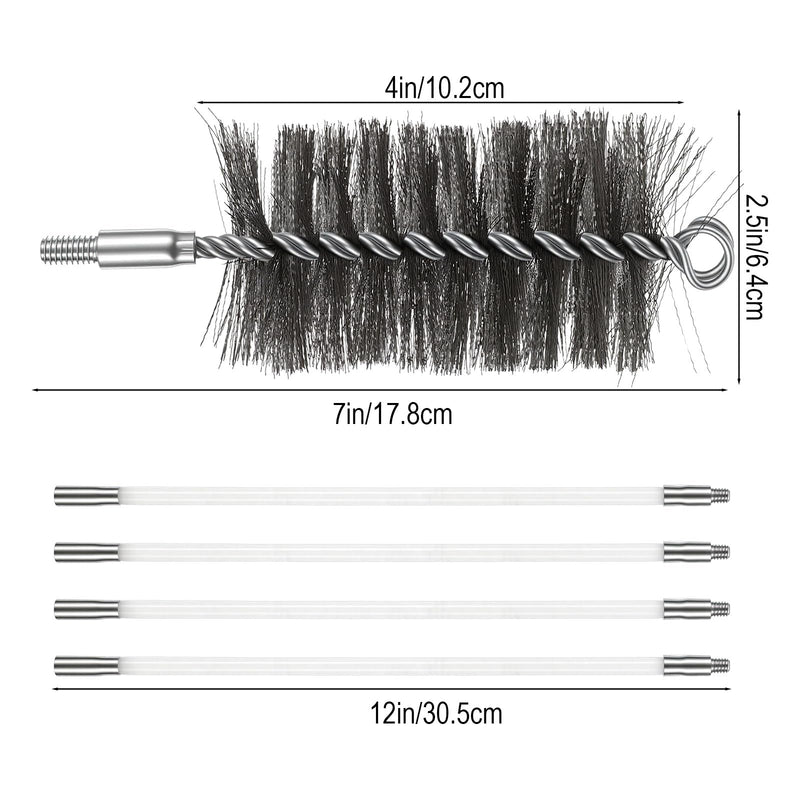 50-inch Long Tent Wood Burning Stove Pipe Cleaning Brush with Stainless Steel Bristles, and Chimney Cleaning Wire Brush with 4 Flexible Rods, 2.5'' Brushs Heads for Insulated Chimneys