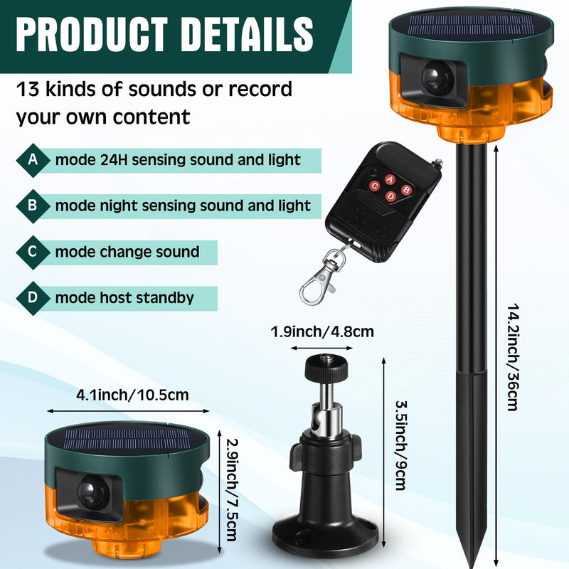 Qualirey 2 Pack Solar Outdoor Motion Sensor Alarm-Dog Barking&Gunshot Sound Support Recording Animal Deterrent for Home Security, 13 Kinds of Sounds (Yellow) Yellow