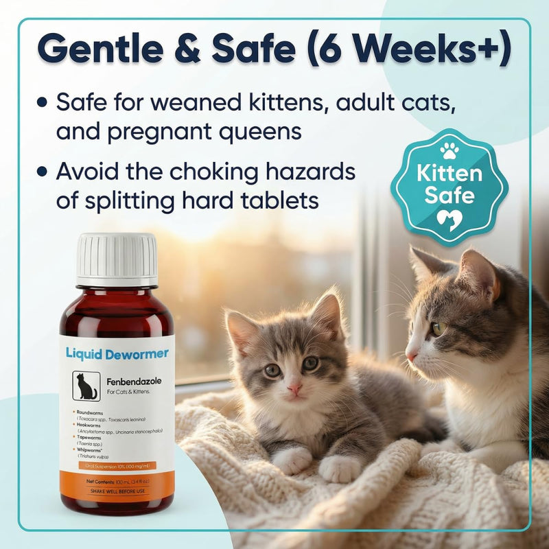 Dewormer for Cats & Kittens Liquid Fenbendazole - Broad Spectrum Suspension - Removes Roundworm, Hookworm, Tapeworm - Easy to Mix with Food, Includes 3ml Dosing Syringe (100ml)