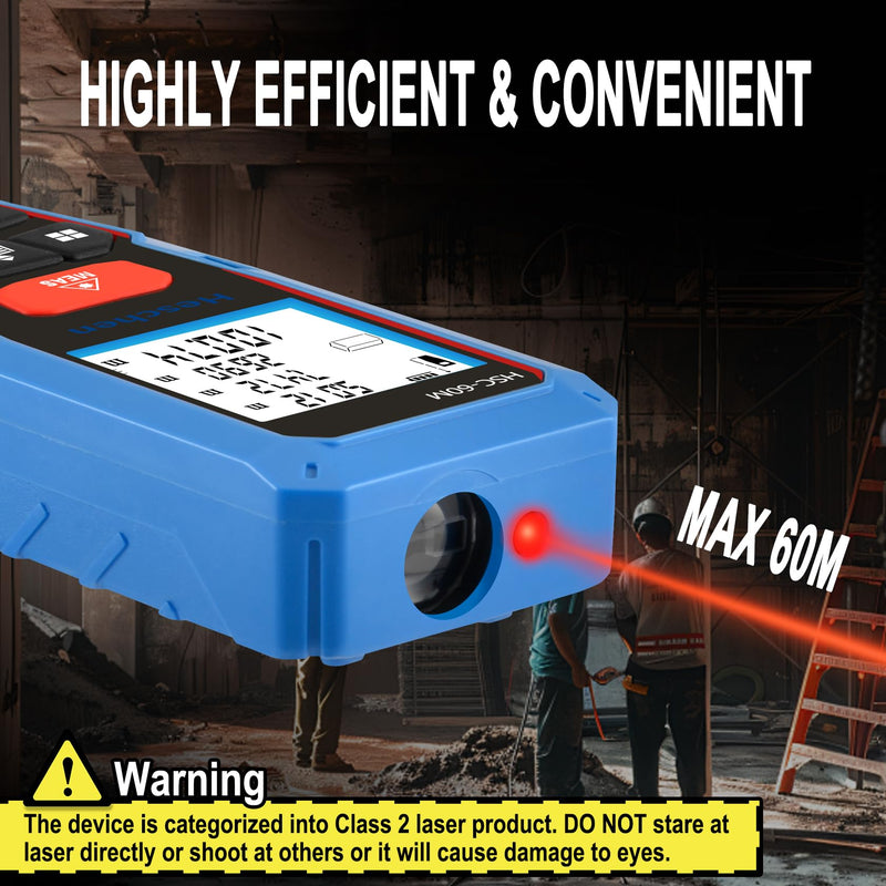Heschen Laser Distance Meter, HSC-60M, 60m 196ft, with 2 Bubble Levels, Portable Laser Rangefinder Digital Distance Meter, for Measuring Distance, Area, Volume