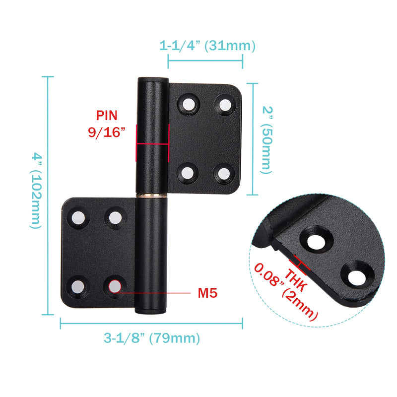 6 Pcs 4 Inch Lift Off Hinges Flag Hinges Black Door Hinge Removable Hinges 3 left + 3 right