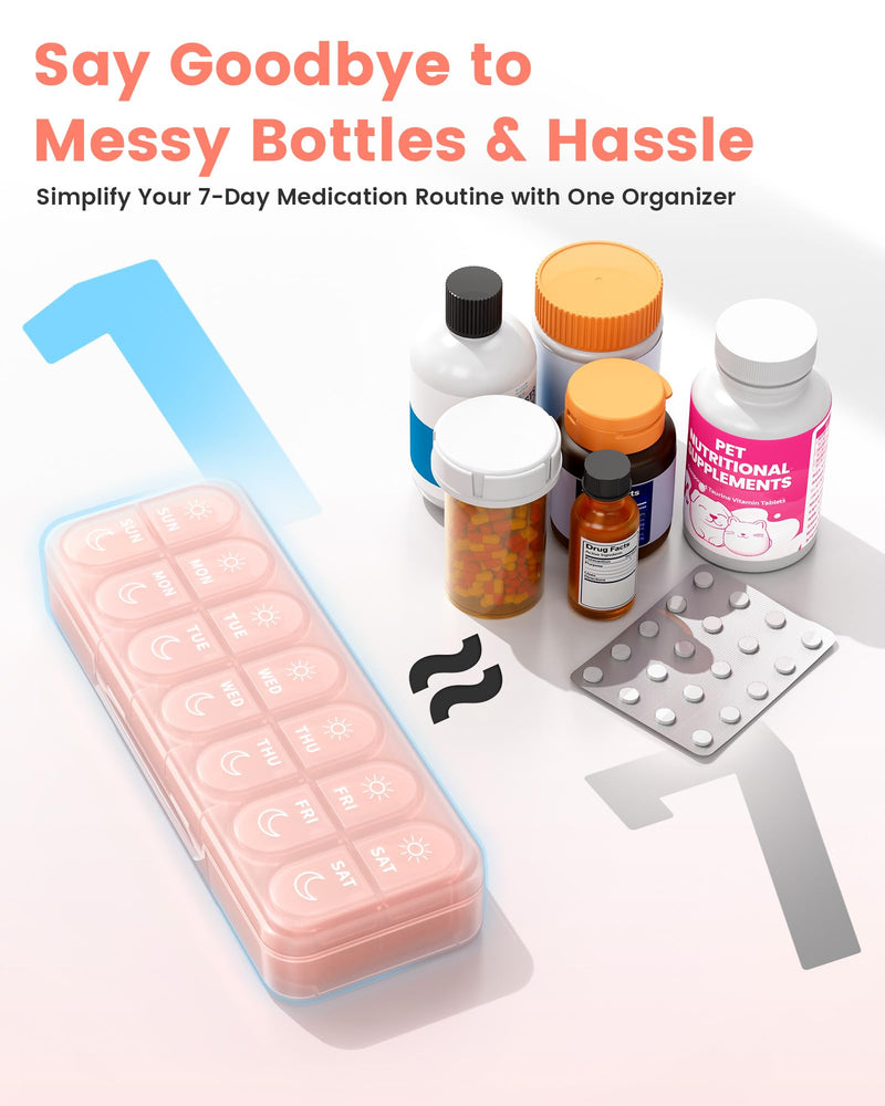 Weekly Pill Organizer 2 Times a Day, Daily AM PM Pill Box Case 7 Day with Large Openings for Easy to Use, Travel Medicine Container for Medication, Vitamins, Supplements - Pink