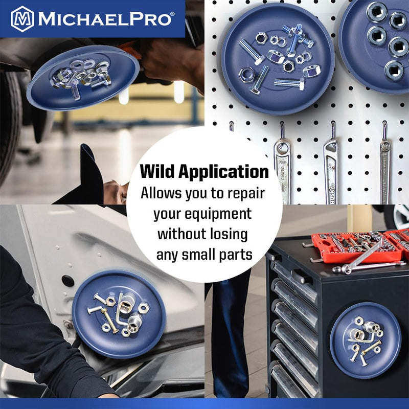 MichaelPro Round Magnetic Tray for Mechanics, Magnectic Tool Holder for Screws, Nuts, Bolts with Strong Magnets for Secure Mounting, Stainless Steel Tool Tray with Anti-Scratch Rubber Base