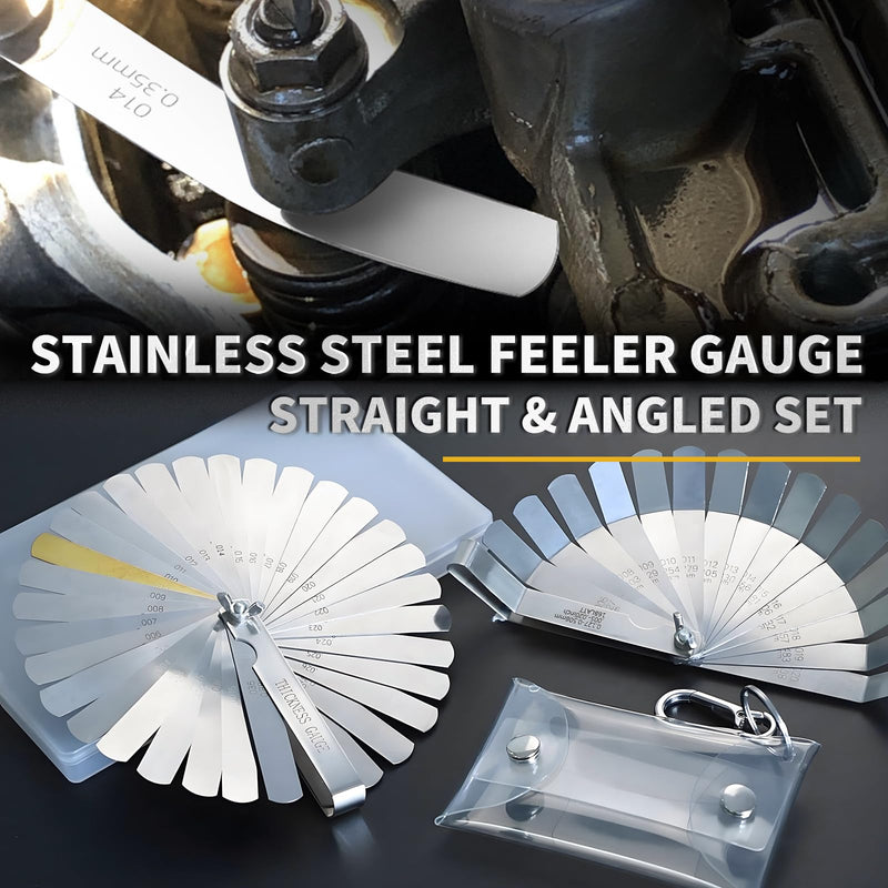Stainless Steel Feeler Gauge Set, 2PCS 32 Blades Feeler Gauge & 16 Blades Offset Thickness Gauge with Standard SAE and Metric Dual-Marked, Filler Gauge Set for Measuring Spark Plug Valve Gap