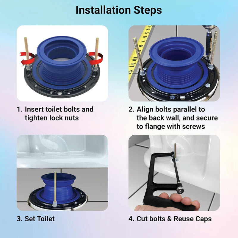 One N Done Toilet Flange Repair Kit - Complete Toilet Seal Repair For Wax Seal, Rubber Gasket Ring, Premium Nuts Includes 3 1/2-Inch Locking Zinc Bolts - Easy Toilet Bowl Repair (1, Blue)