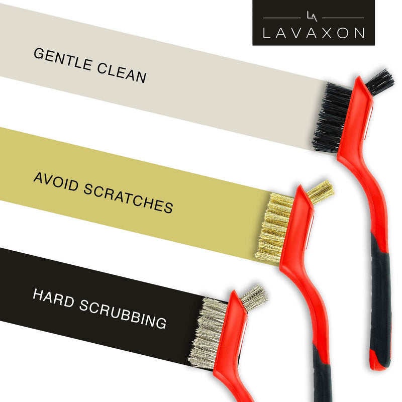 Wire Brush Set 3Pcs - Nylon/Brass/Stainless Steel Bristles with Curved Handle Grip for Rust, Dirt & Paint Scrubbing with Deep Cleaning – 7 Inches (Red) Red