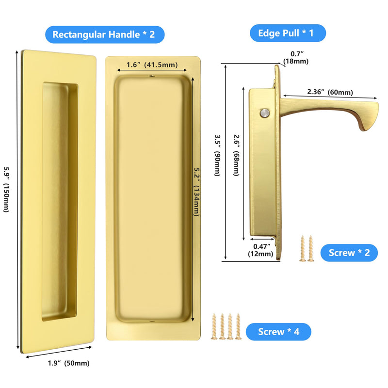Dontay Sliding Pocket Door Handles, 304 Stainless Steel Non Locking Pocket Door Hardware, Recessed Flush Finger Pulls, Heavy Duty Edge Pull (1 Set, Satin Brass, 6 Inch) 1 Set