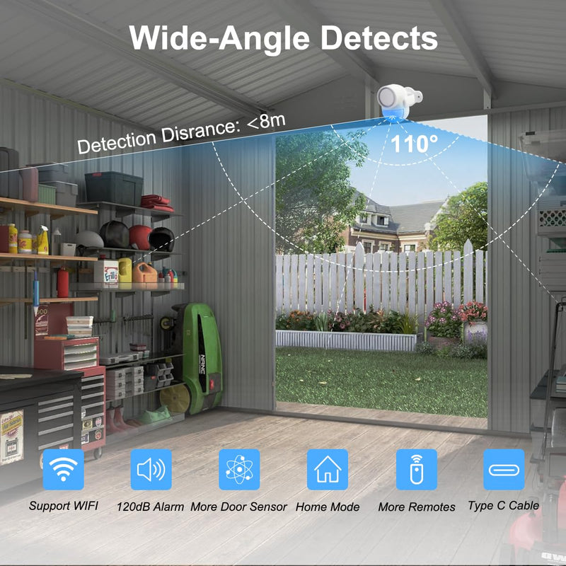 Motion Sensor Alarm - Driveway Alarm with 4 Door Window Sensors and 2 Remotes, with APP Alerts WiFi PIR Motion System Detector, for Home, Garage, Ranch, Van, Carport, Shop , 120dB Extra Loud White