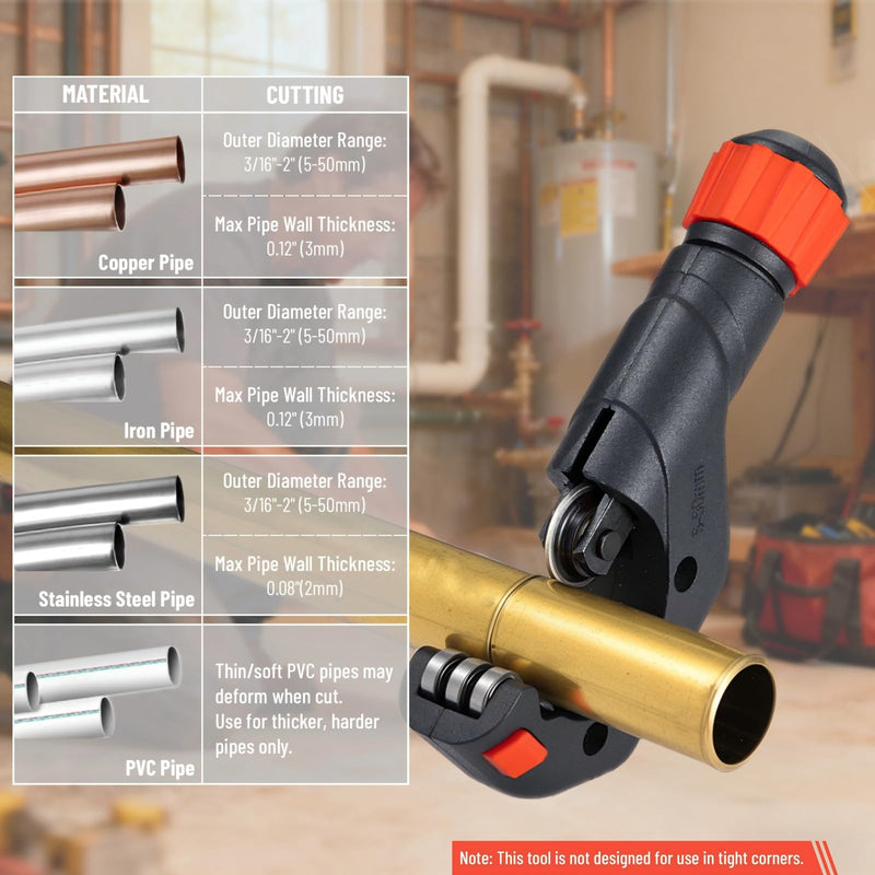 Heavy Duty Tube Cutter, Cuts 3/16 to 2 Inch Outer Diameter Tubes, Hand-Operated Copper Pipe Cutter for Copper, Iron, Aluminum, Stainless Steel Tubes, with Deburring Tool & Replaceable Blade