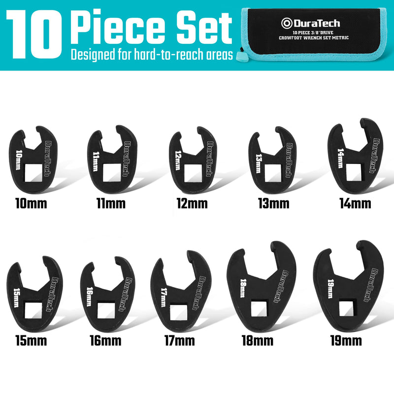 DURATECH 10-Piece 3/8" Drive Crowfoot Wrench Set, Flare Nut Wrench Set, Open End Wrench Set, Metric, Size Covers 10-19mm, CR-V Steel, with Zipper Bag