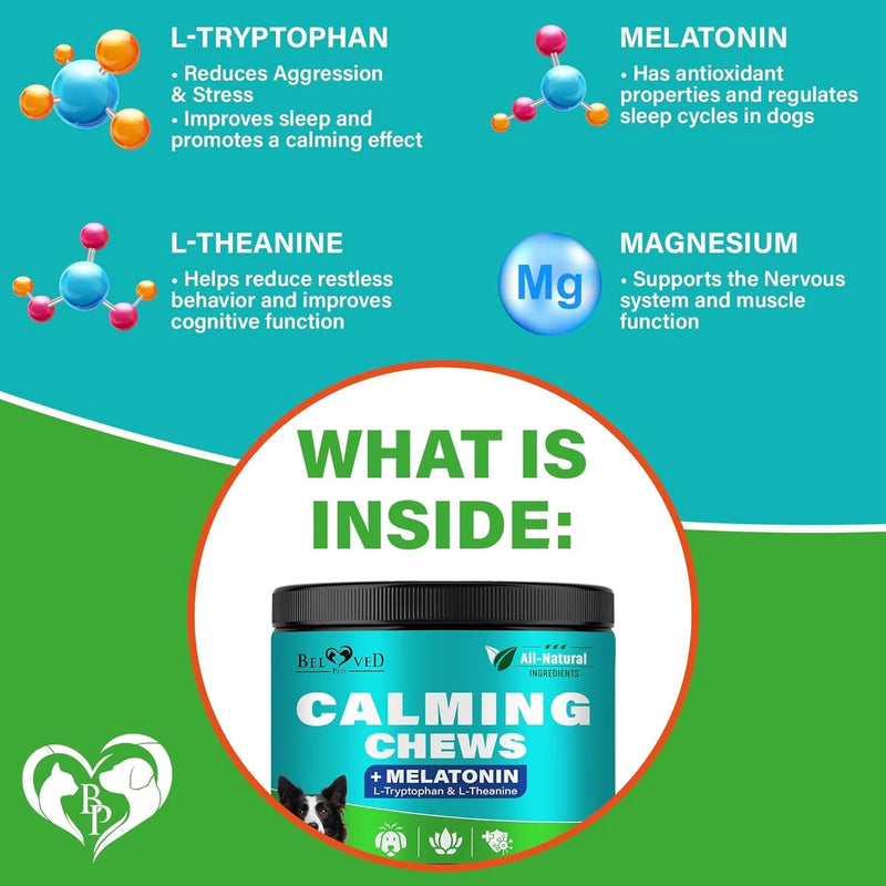 Beloved Pets Calming Chews for Dogs & Puppy - Pet Separation Anxiety Relief Soft Treats & Calm Behavior Aid - Melatonin for Sleep- Anti Stress Treatment Help with Thunder- Made in USA