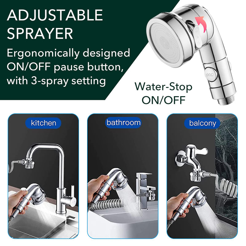 Sink Faucet Sprayer Attachment Set, Kitchen Bathroom Pet Bathing Shower Head with 9.8ft Hose and G1/2, 55/64", 15/16" Faucet Adapters, Hair Washing, Dog Shower and More (Faucet Not Included) Gray