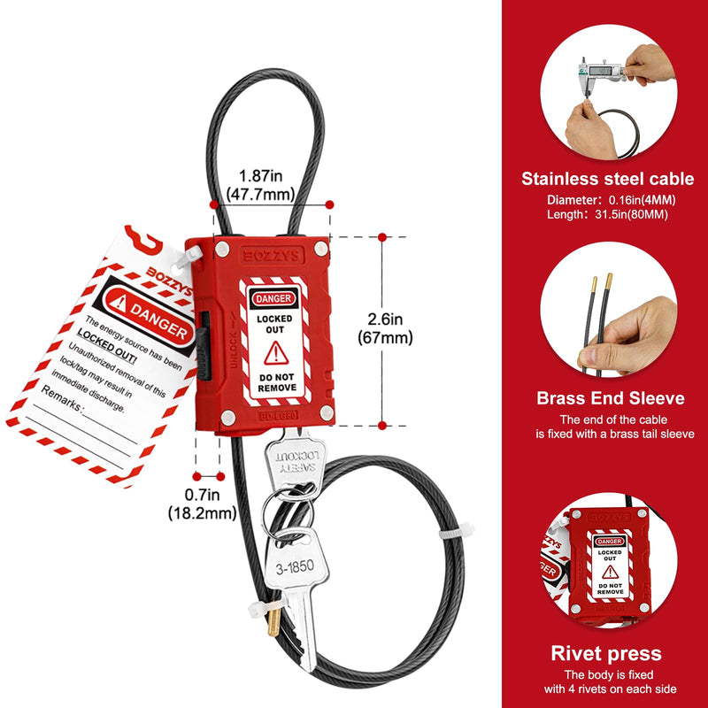 Adjustable Cable Lockout Padlock, Red Loto Safety Lockout Locks,Plastic Body for Lock Out Tag Out Stations and Devices,with Plastic-Coated Stainless Steel Cable (6MM Diameter, 1.8M Length) BD-LG81-1PCS