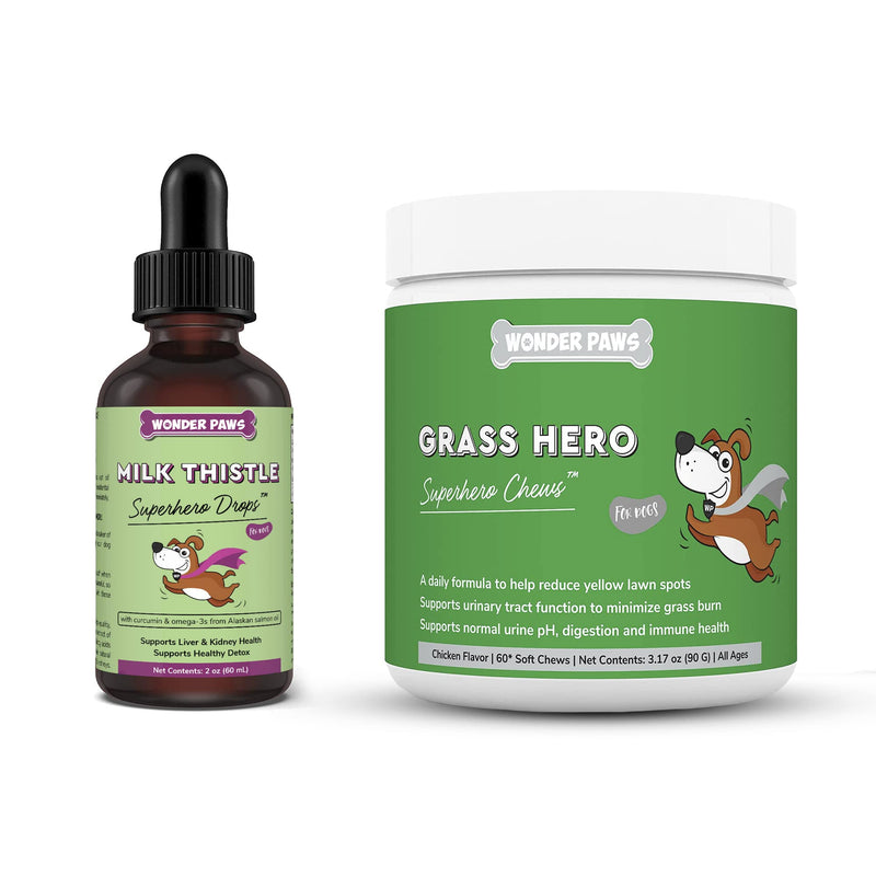 WONDER PAWS Milk Thistle Drops Plus Grass Hero Soft Chews - for Dogs Liver and Kidney Support, Detox & Urinary Tract Health - Milk Thistle 2 Ounces - Grass Hero 60 Chews