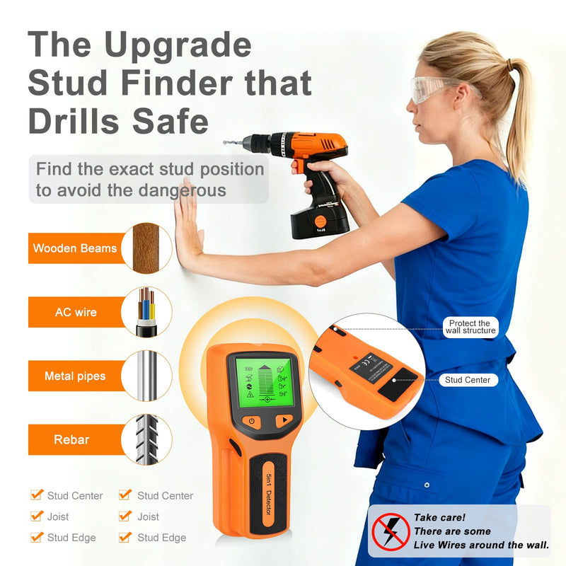 Stud Finder Wall Scanner- 5 in 1 Multifunctional Wall Detector Scanner with HD LCD Display & Audio Alarm for the Center and Edge of Wood, Metal, AC Wire & Studs Detection