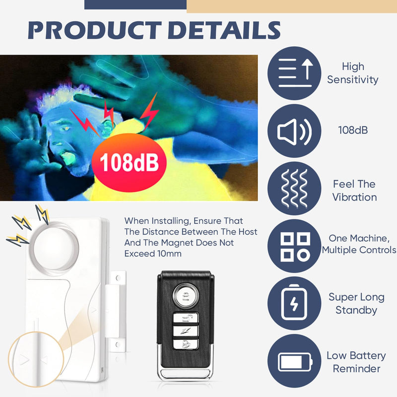 Wireless Door Alarm with Remote Door Window Alarm Sensors 105 Db Loud Door Open Door Security Alert Peel and Stick Pool Door Alert for Kids Alzheimers Safety Home, White