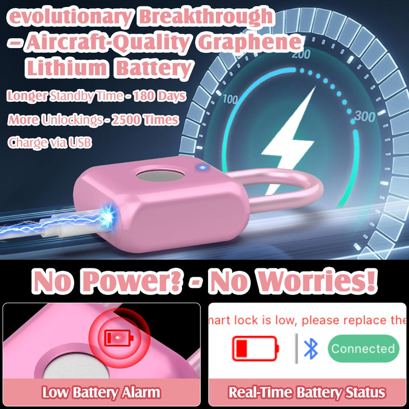 Pothunder Fingerprint Padlock, Smart Padlock, Locker Lock, Combination Lock, Fingerprint Lock with APP Unlock, USB Rechargeable, Suitable for Gym Locker, Door, Locker(Pink) Pink