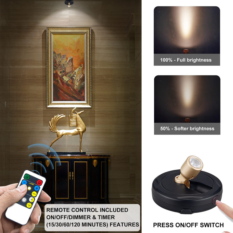 Wireless LED Spotlight, Battery Powered Picture Lights, Uplighting Indoor, Puck Lights with Remote, Stick Spot Lights for Wall Art Display Dartboard Painting Artwork Accent Closet-Gold Black+G