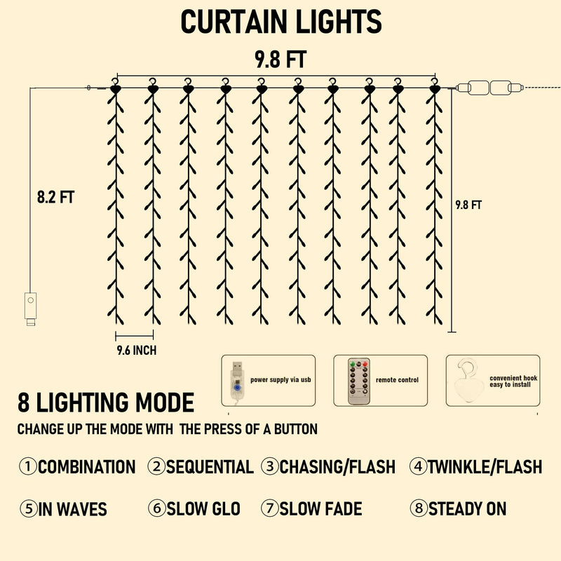 FUNPENY Window Curtain String Lights, 300 LED 8 Lighting Modes Fairy Lights USB Powered, Waterproof Lights for Christmas Bedroom Party Wedding Home Garden Wall Decorations, Warm White