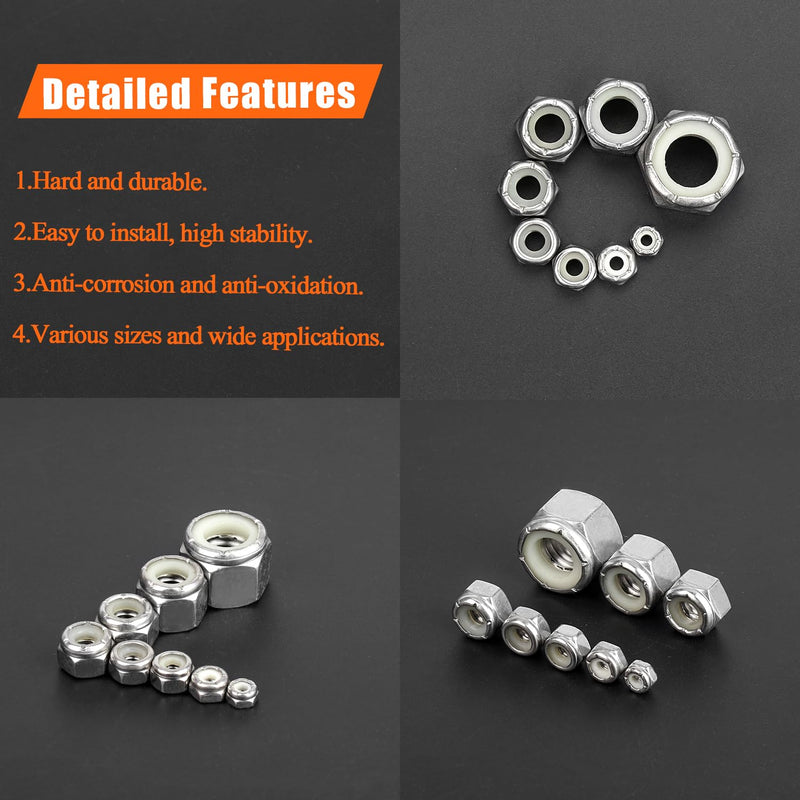 #4-40#6-32#8-32#10-24 1/4"-20 Lock Nuts, HELIFOUNER 126 Pieces 5 Sizes Nylon Insert Hex Lock Nuts Assortment Kit, 304 Stainless Steel (18-8) Locknuts, Coarse Thread #4-40 to 1/4"-20 Lock Nuts Kit