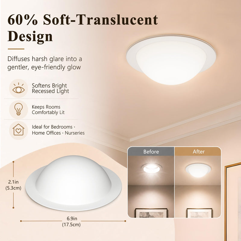 4 Pack Recessed Light Cover, 6 Inch Can Light Covers 60% Translucent Fully Shade Hemisphere Stick-On with Super Strong Double-Sided Tape, Anti-Yellow Cream White, Easy Install 4