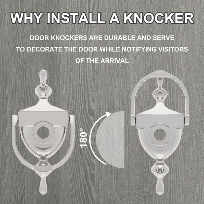 Door Knocker and Viewer, 6 Inch Height Knocker, 180-Degree Solid Brass Peephole with Privacy Cover, 9/16 inch Bore, for 1-3/8" to 2-1/4" Thickness Door (Brushed Nickel) Brushed Nickel