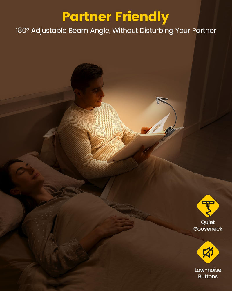 Glocusent Innovative Tri-Head Book Light for Reading in Bed, 3 Colors & 5 Brightness Levels, 1000mAh Rechargeable, with 30-Min Timer, 10-100Hrs, Partner Friendly, Perfect for Book Lovers Gray
