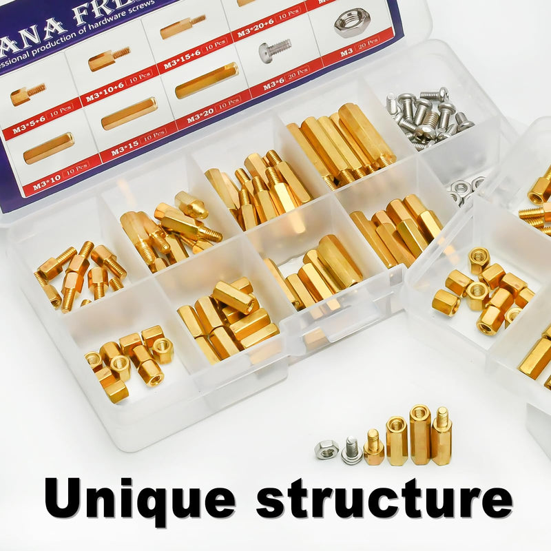 M3 Hex Male Female Brass Spacers Standoffs Screws Nuts Assortment Kit,120 Pcs M3 Hexagon Threaded Pillar,Hexagonal PCB Motherboard Spacer Bolt Screw Nut Assortment Kit Mounting for PCB,Circuit Board M3-Brass Standoff Kit-120Pcs