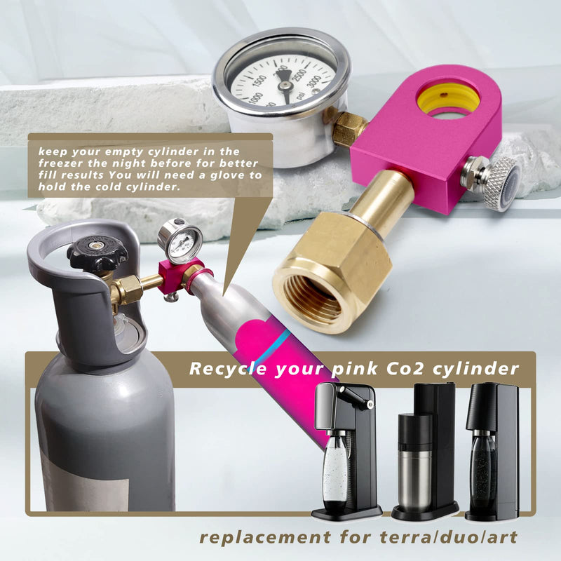 Soda Refill Adapter for Filling Soda maker pink Co2 Cylinder, CO2 refilling Adapter Compatible with DUO Terra Art pink soda Cylinder, Purple upgraded Purple with Big Pressure Gauge