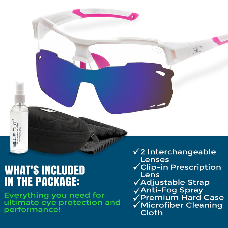 BLUE CUT Sports Safety Goggles Interchangeable Sun Lens Anti Fog UV Protection Indoor Outdoor Pickleball Cycling Basketball White/Pink