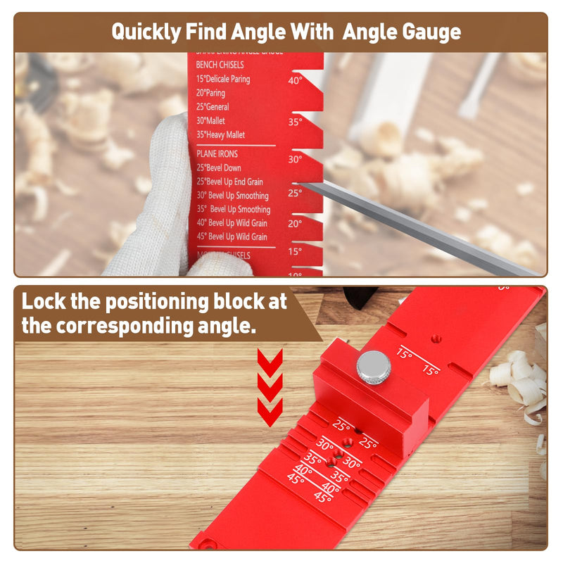 Chisel Sharpening Jig, Wood Honing Guide for Chisels and Planes Width 0.1" to 2.8" with Sharpening Angle Fixture, Angle Gauge from 10° to 45° Red