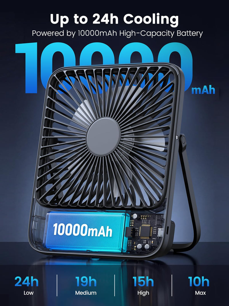 Warmco 10000mAh Portable Travel Fan 7-inch, Max 24H Runtime, Ultra-thin Quiet Rechargeable Battery Operated Desk Fan with Digital Display for Camping, Office, Bedroom, Cruise Essentials Black