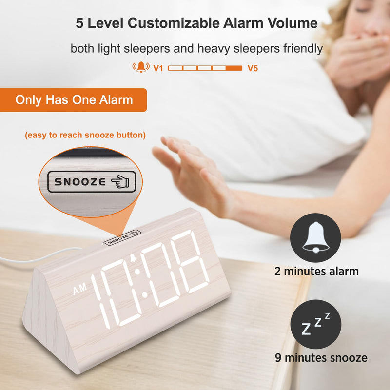 DreamSky Wooden Digital Alarm Clock for Bedroom - Living Room Desk Clock with Large Numbers, Bedside Nightstand Clock with USB Port, Adjustable Volume, Dimmer, DST, Office Wood Décor, Adapter Powered White (Plug-in)