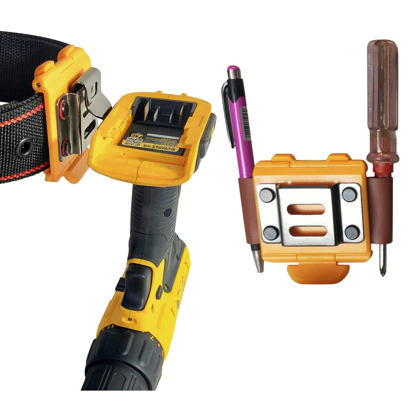 Tape Measure Holster with 4 Drill Clip, Tape Measure Holder Belt, Drill Holster Belt Clip, Drill Holster with Tool Belt Hook, Free Your Hands. Yellow Drill Holster + Leather Pen Holder + 4pcs Drill Bit Hook