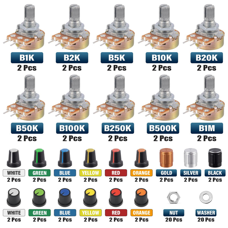 80Pcs WH148 Potentiometer Kit 1K 2K 5K 10K 20K 50K 100K 250K 500K 1MK Ohm 15mm Shaft Single-Joint Linear Potentiometers 3Pins Set Variable Resistors with Plum Knob Cap and Aluminum Alloy Knobs