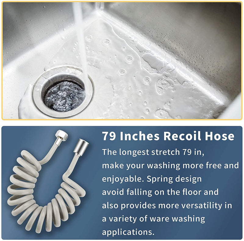 CECEFIN Kitchen Sink Sprayer Hose Attachment for Faucet, Kitchen Faucet Head Replacement w/ 79" Recoil Hose and Holder, Pressurized Water Saving Aerator & Diverter Valve, Faucet Sprayer Attachment Set F- Grey- ON/OFF Pause Sprayer