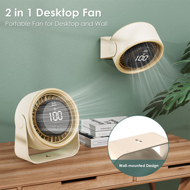Minthouz Quiet Desktop & Wall-Mountable Fan, 4 Speeds with 90° Oscillation, USB-C Fast Charging, 3000mAh Rechargeable Battery, Digital Speed Display, Portable Cooling Fan