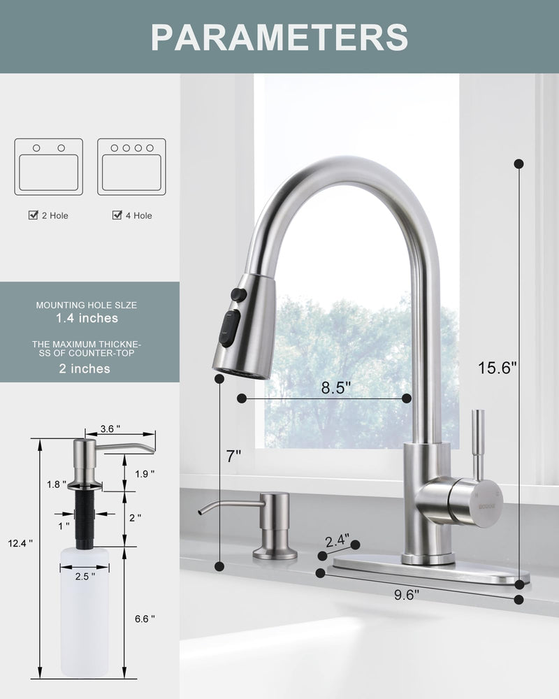 WOWOW Kitchen Sink Faucet with Soap Dispenser, Stainless Steel Pull Down Kitchen Faucet Brushed Nickel Utility Sink Faucet Single Handle High Arc Kitchen Tap for Sink, RV, Laundry, Bar Kitchen Faucet with Soap Dispenser A: Brushed Nickel