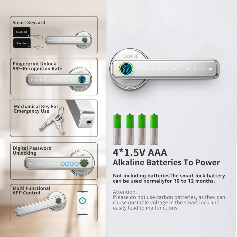 Fingerprint Smart Lever Lock TUYA APP Control Keyless Entry Bluetooth Touchscreen Indoor Handle Biometric Electronic Digital Door Knob with Keypad Suitable for Hotel Office Apartment Bedroom Silver 2