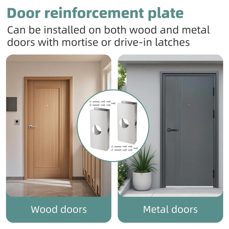 Door Lock Reinforcement Plate U 9585 Stainless Steel for 1-3/8 in Thick Doors, Use to Reinforce and Repair Both Metal, Fiberglass & Wood Doors - 2 Pack