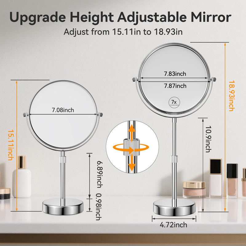 Nicesail Makeup Mirror Tabletop 8 Inch Double-Sided with 7X Magnification, Magnifying Mirror with Pedestal for Shaving Mirror, Height Adjustable for Make up Vainity Table, Chrome Finish (8 Inch, 7X) 19"L x 8"W No Light-chrome-7x