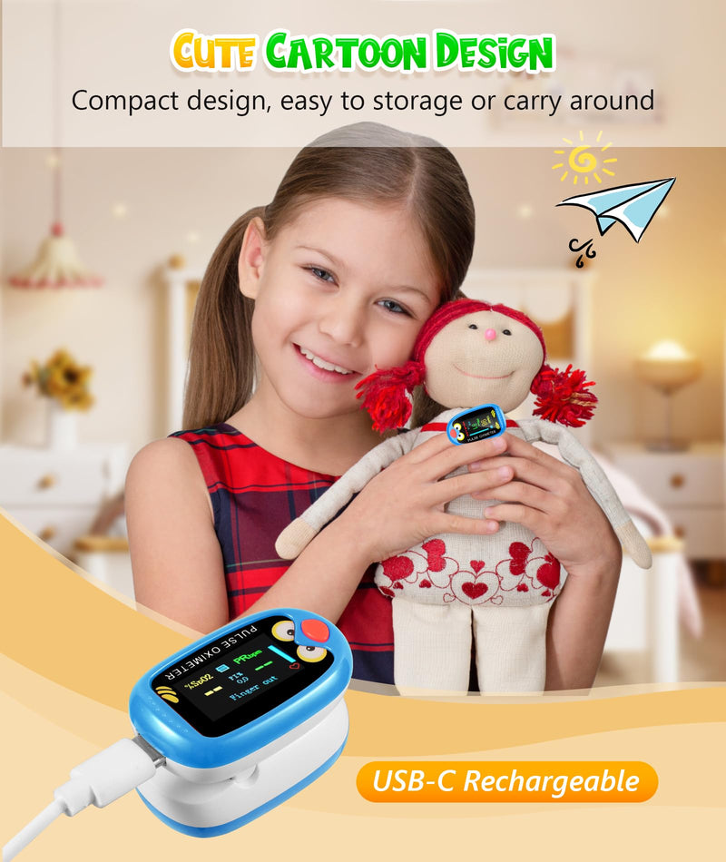 Pediatric Pulse Oximeter, Rechargeable Oximeter for Kids, Baby Oxygen Monitor, Blood Oxygen Saturation, Pulse Rate Monitor, Cute Cartoon Design, USB-C Charging (Blue)