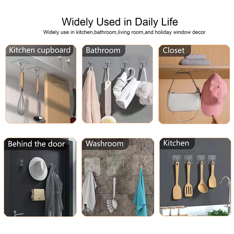 Adove Adhesive Hooks for Hanging, Heavy Duty Wall Hooks 20 Pack, Removable Sticky Ceiling Hooks, Transparent Self Adhesive Shower Hooks, Water & Oil Proof Strong 22lb(Max) Door Coat Hooks