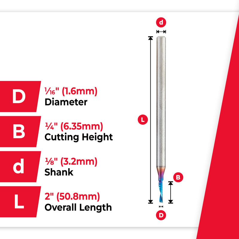 Amana Tool Spektra Coated Solid Carbide CNC Spiral Single O-Flute Router Bit for Plastic Down-Cut, 51515-K, 1/16 D x 1/4 CH x 1/8 SHK x 2 Inch L