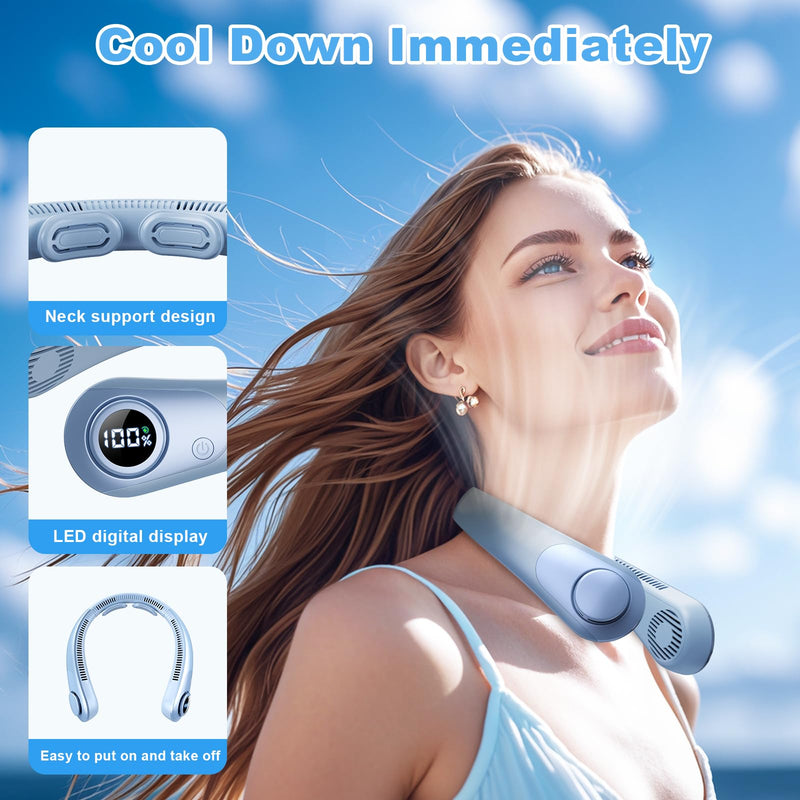 Portable Neck Fan that Blow Cold Air, LED Display, Rechargeable Hands-Free Wearable Cooling Personal Fan, 5 Speed, Neck Support, Bladeless Neck Air Conditioner, Gifts for Women/Men, Hot Flashes Light Blue
