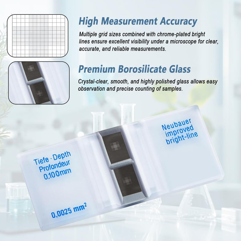 2 Pack Improved Neubauer Hemocytometer with Bright Lines, Cell Counting Chamber with 4 Pcs Cover Glasses for Cell and Pollen Counting in Laboratory Use 2